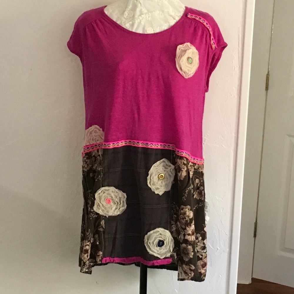 Handmade Upcycled Linen Mixed Media Floral Tunic Top Large